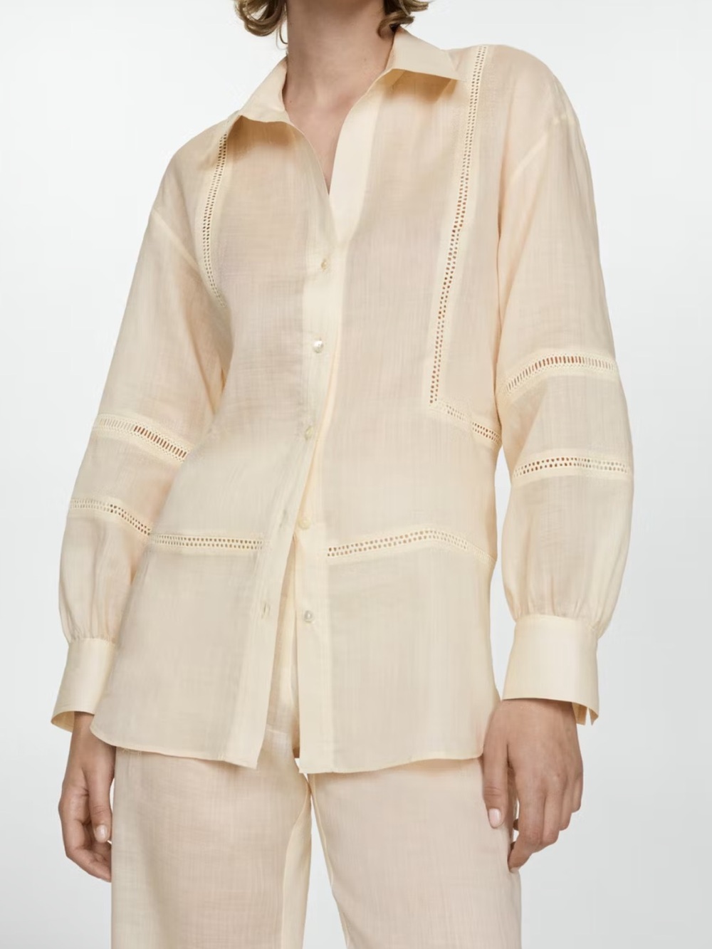 Mango Cream Eyelet-Trim Button-Down Shirt
